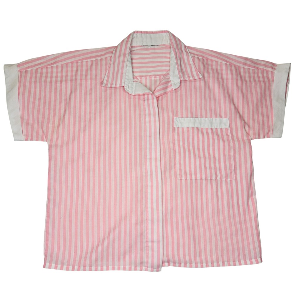 Vintage Pink White Striped Short Sleeve Button Up Shirt Camp Collar Boxy Top
